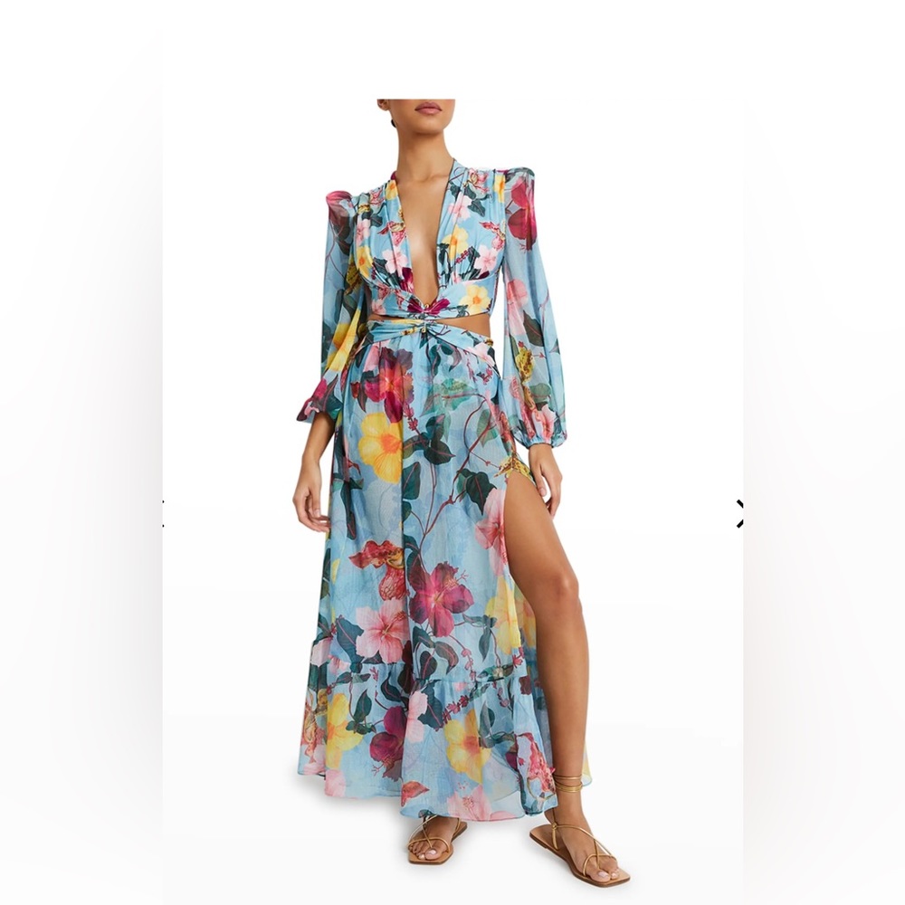PatBO "Hibiscus" chiffon maxi dress - light blue XS - New never used
